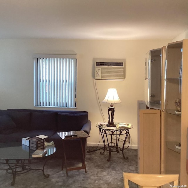 living room featuring a wall mounted air conditioner and carpet flooring