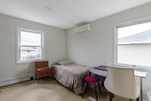 carpeted bedroom featuring baseboard heating and a wall mounted AC