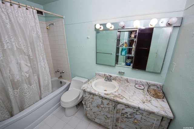 full bathroom featuring toilet, sink, shower / bathtub combination with curtain, and tile patterned flooring