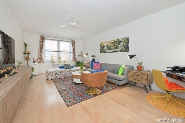 living room featuring ceiling fan and light wood-type flooring