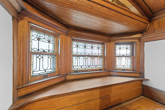 details featuring wood ceiling and parquet flooring