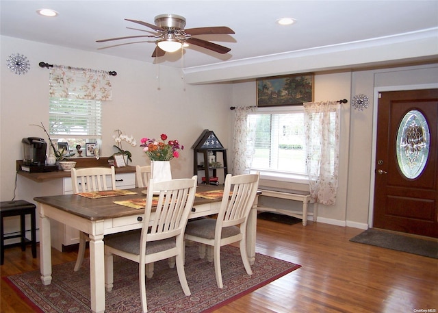 dining area with hardwood / wood-style flooring, ceiling fan, baseboard heating, and a wealth of natural light