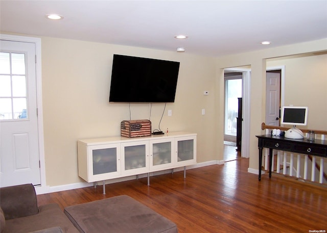 living room featuring dark wood-type flooring