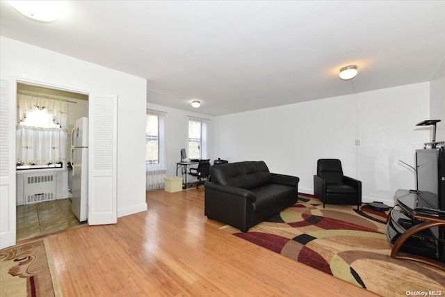 living room featuring hardwood / wood-style flooring and radiator