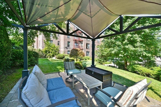 view of patio / terrace with a gazebo and outdoor lounge area