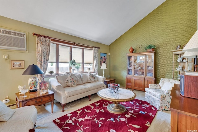 living room with a wall mounted AC and vaulted ceiling