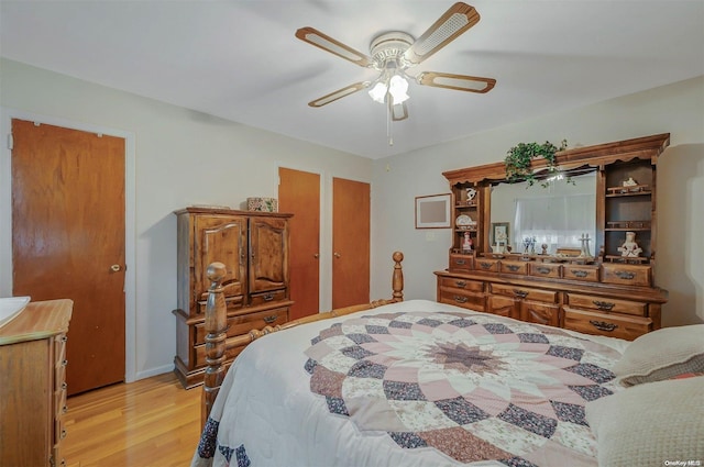 bedroom with ceiling fan and light wood-type flooring