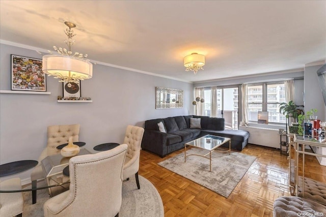 living room with a notable chandelier, parquet floors, and crown molding