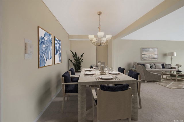 carpeted dining space with a notable chandelier