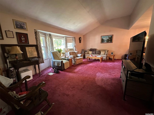 living room with carpet flooring and vaulted ceiling