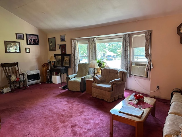 living room with carpet, heating unit, vaulted ceiling, and cooling unit