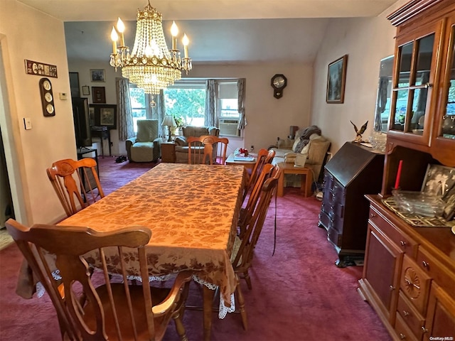 dining room with a chandelier, dark carpet, and cooling unit