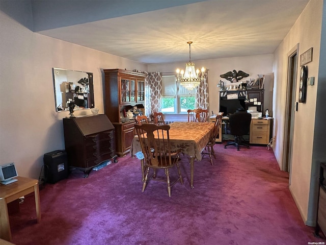 dining area with dark carpet and a notable chandelier