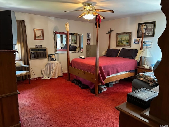 bedroom featuring carpet flooring, a wall mounted AC, and ceiling fan