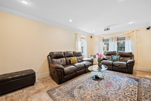 living room featuring crown molding