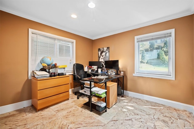 home office featuring crown molding