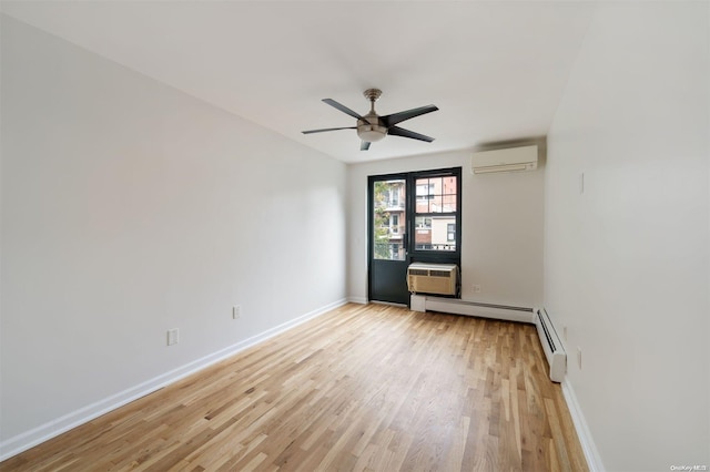 unfurnished room with baseboards, light wood-style flooring, a wall mounted AC, a ceiling fan, and a baseboard radiator