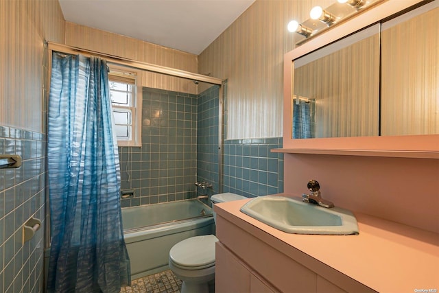 full bathroom with vanity, tile patterned flooring, shower / bathtub combination with curtain, and toilet