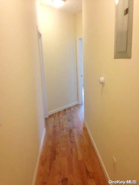 hallway with electric panel and light hardwood / wood-style floors