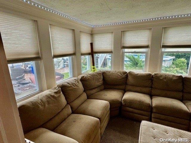 carpeted living room featuring a textured ceiling