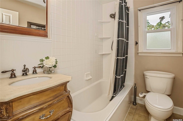 full bathroom with toilet, vanity, tile patterned floors, and shower / bathtub combination with curtain