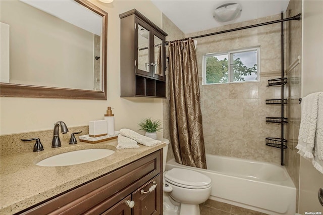 full bathroom featuring shower / bath combination with curtain, vanity, toilet, and tile patterned floors