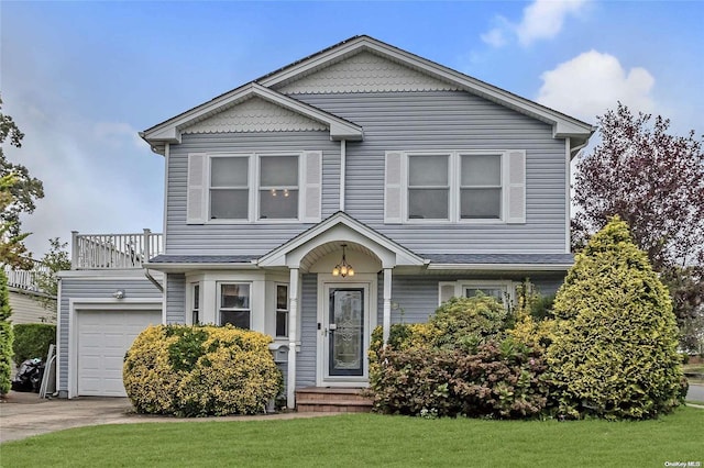 view of front of property with a balcony and a front yard