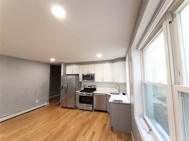 kitchen featuring white cabinetry, sink, stainless steel appliances, a baseboard heating unit, and light wood-type flooring