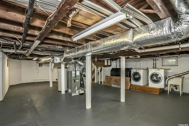 9 N Bayles Ave, Port Washington, NY 11050 - basement featuring heating unit, gas water heater, and washer and clothes dryer