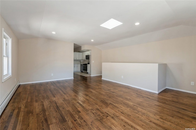 unfurnished living room featuring dark hardwood / wood-style flooring, lofted ceiling, and baseboard heating