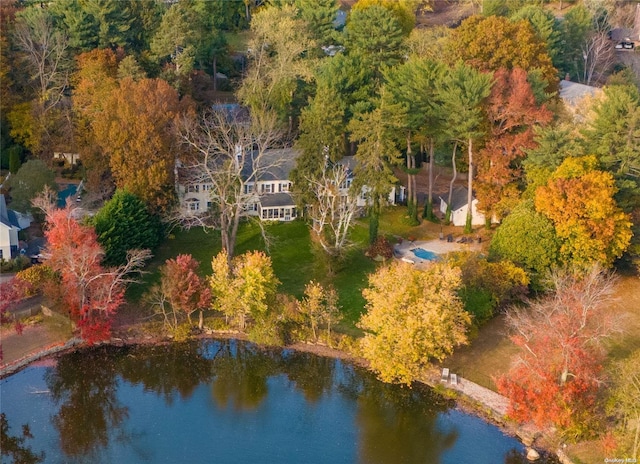 aerial view featuring a water view