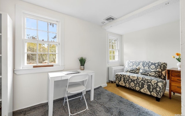 office space featuring dark colored carpet and a wealth of natural light