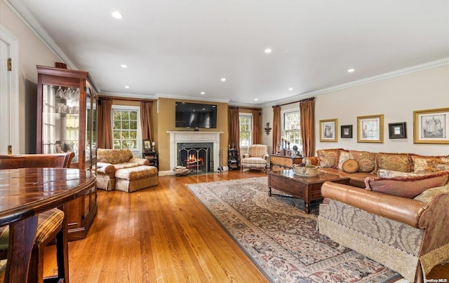 living room featuring a fireplace, ornamental molding, and light wood-type flooring