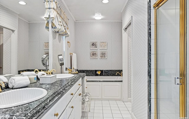 bathroom featuring vanity, tile patterned flooring, plus walk in shower, and ornamental molding