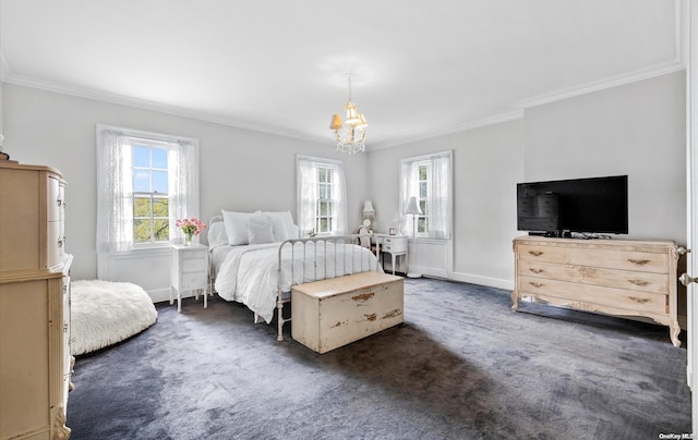 carpeted bedroom with multiple windows, a notable chandelier, and ornamental molding