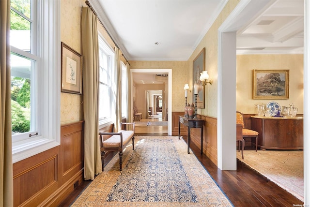 hallway featuring crown molding, coffered ceiling, beamed ceiling, and dark hardwood / wood-style floors