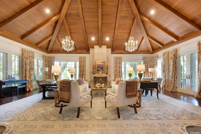 living room with beamed ceiling, french doors, hardwood / wood-style flooring, and wooden ceiling