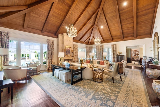 living room with parquet floors, high vaulted ceiling, beamed ceiling, wooden ceiling, and a chandelier