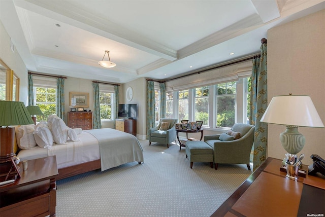 carpeted bedroom featuring beamed ceiling and ornamental molding