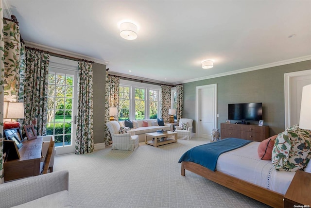 carpeted bedroom with multiple windows and ornamental molding