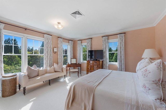 carpeted bedroom with multiple windows and ornamental molding