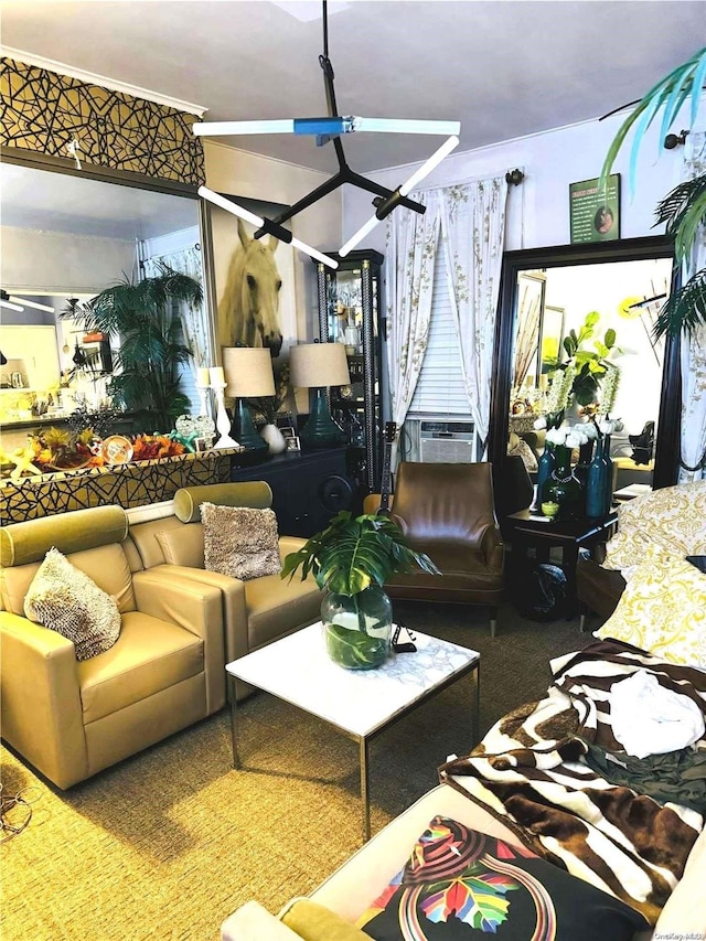 living room featuring carpet floors and crown molding