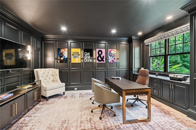 office featuring ornamental molding, recessed lighting, and a decorative wall