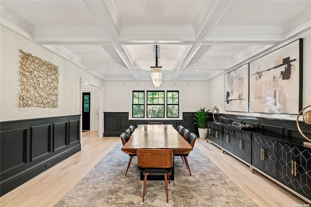 dining area with coffered ceiling, beamed ceiling, and light wood-style flooring