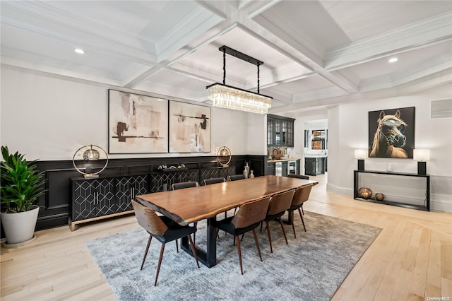 dining area featuring coffered ceiling, beamed ceiling, and wood finished floors