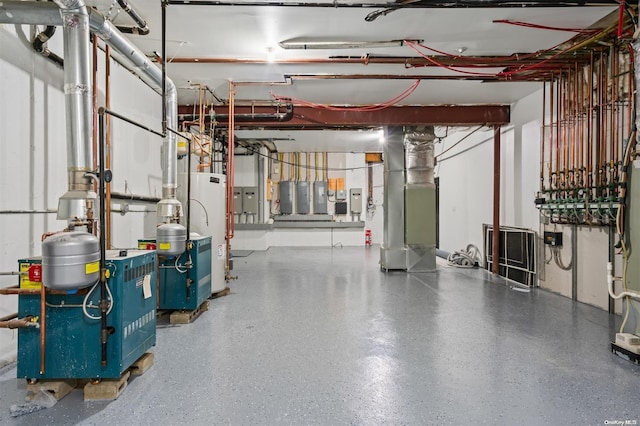 interior space featuring heating unit, water heater, and a heating unit