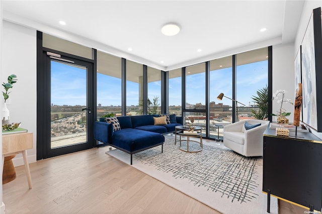 living room featuring expansive windows and light wood-type flooring