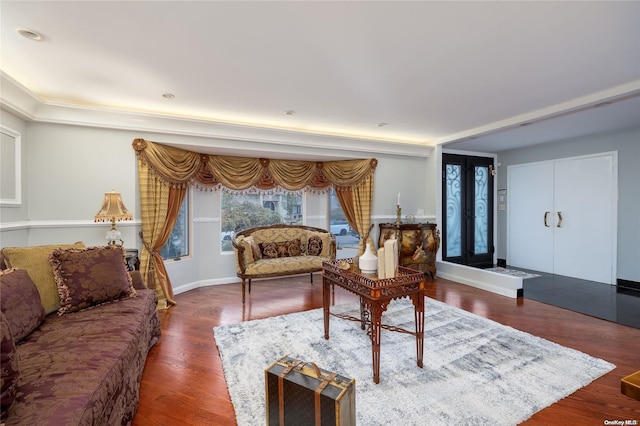 living room featuring dark hardwood / wood-style flooring and french doors