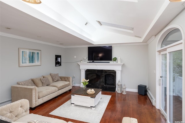 living room with dark hardwood / wood-style floors, baseboard heating, and ornamental molding