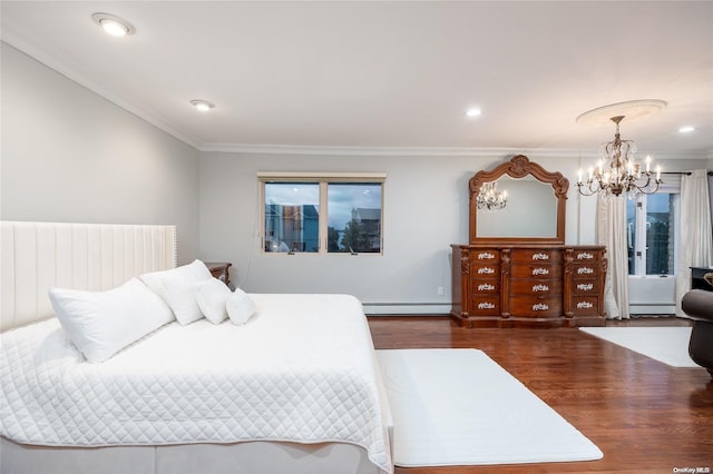 bedroom featuring dark hardwood / wood-style floors, crown molding, and baseboard heating